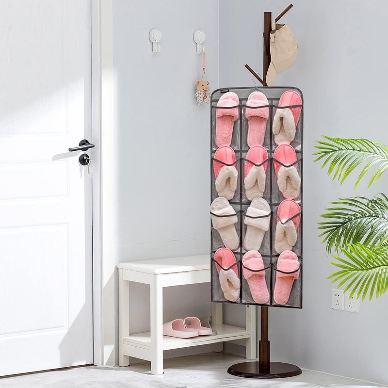 ANZORG Dual Sided Hanging Shoe Organizer for Closet with Rotating Hanger Hanging Shoe Rack Holder with 24 Large Pockets (GREY-Clear Pockets) - Image 5